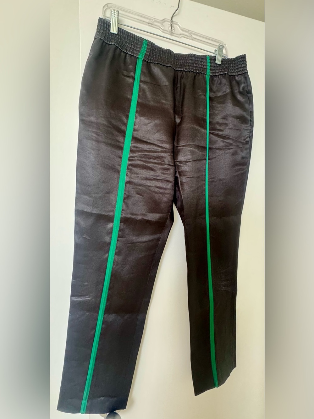 Haider Ackermann Black Satin Pants with green striped in front, M
